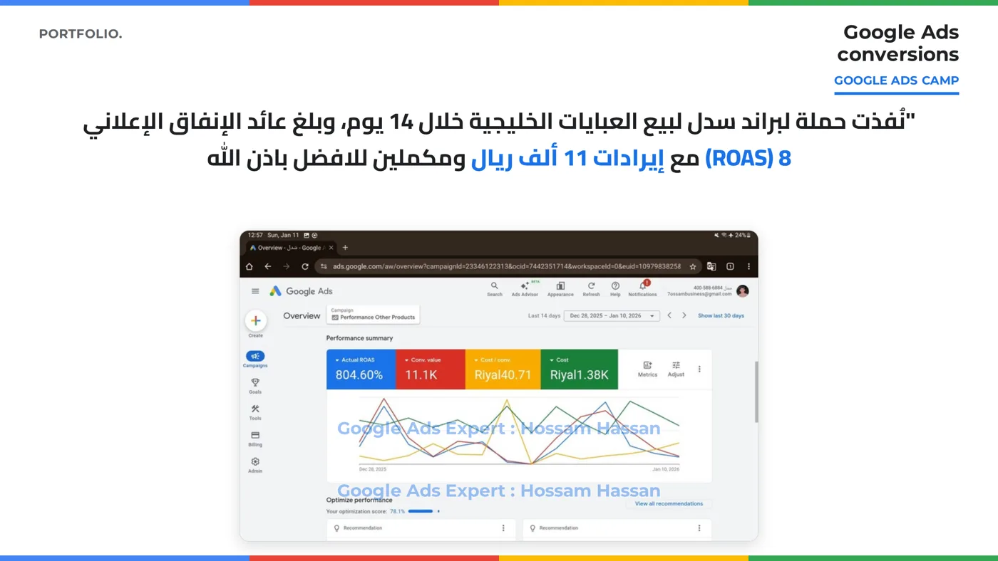 لقطة Google Ads لحملة سدل: ROAS 8 خلال 14 يوم
